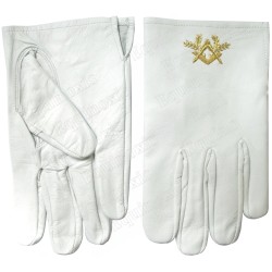 Gants maçonniques cuir blanc – Equerre et Compas dorés – Taille XXL