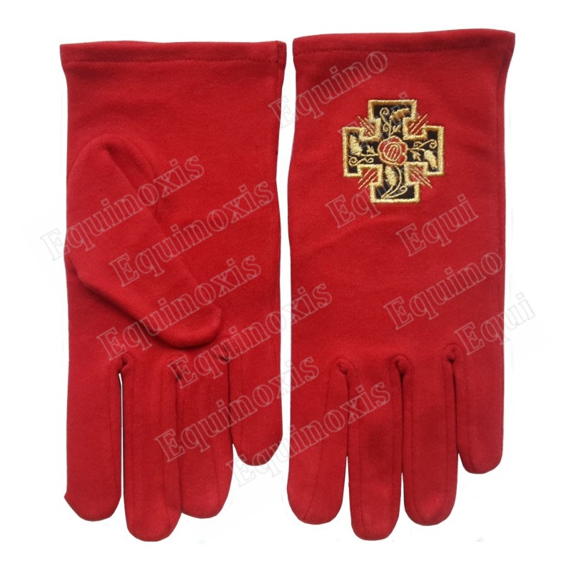 Gants maçonniques coton brodés rouges – REAA – 18ème degré – Croix potencée – Taille M